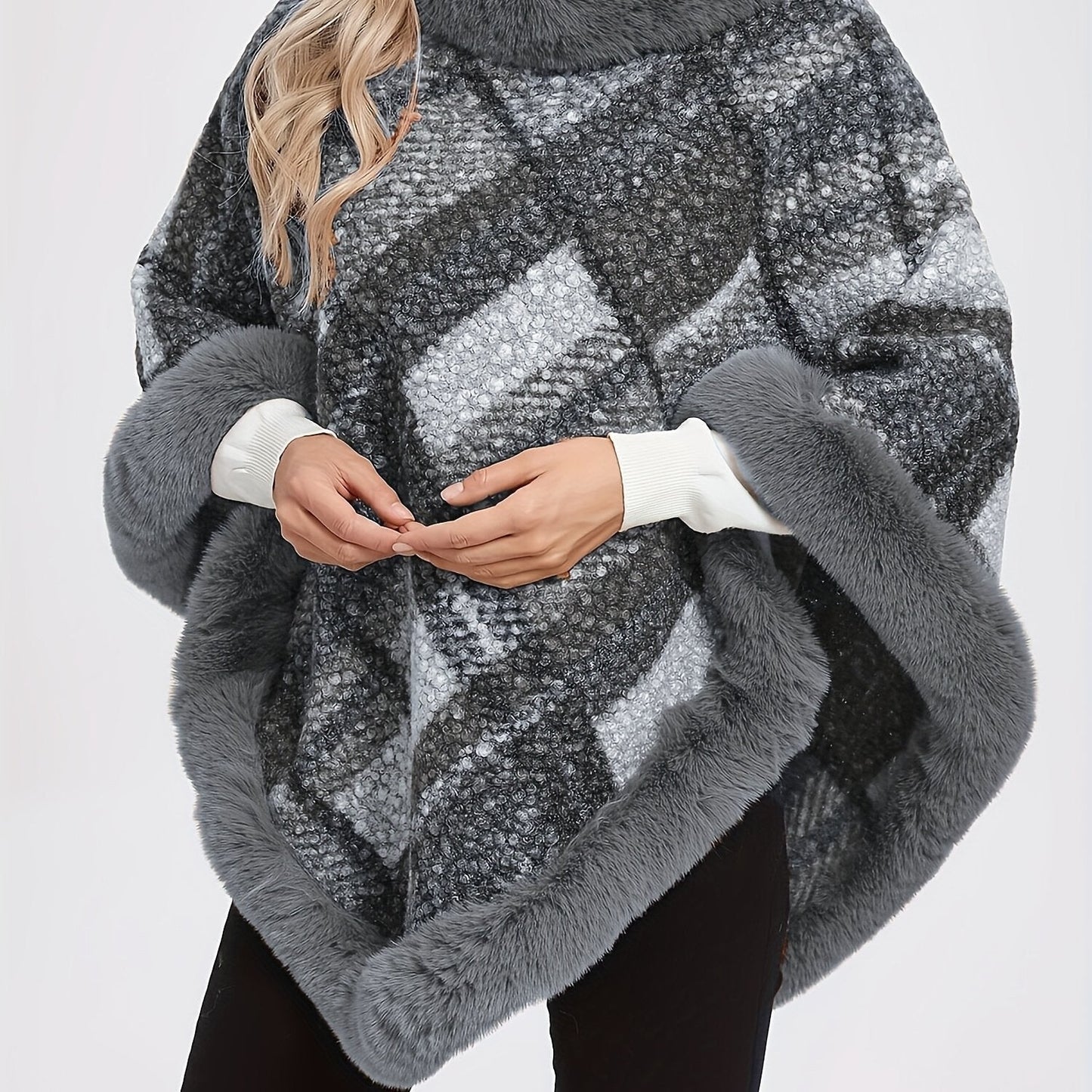 Damen Poncho mit Fellimitatbesatz, kariert, Braun/Grau