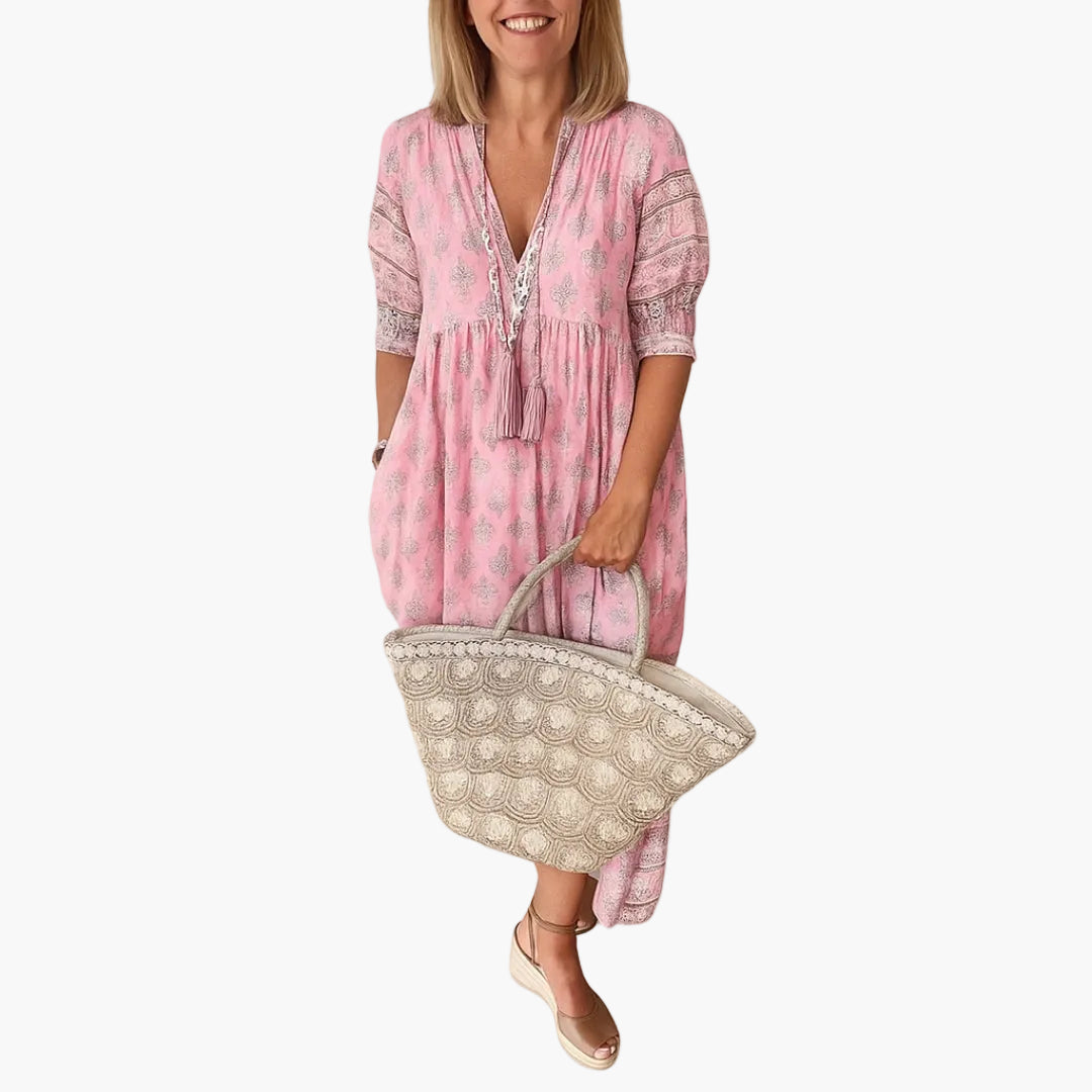 Damen Boho Midikleid mit 3/4-Ärmeln und Allover-Print – Perfekt für Urlaub & Sommer