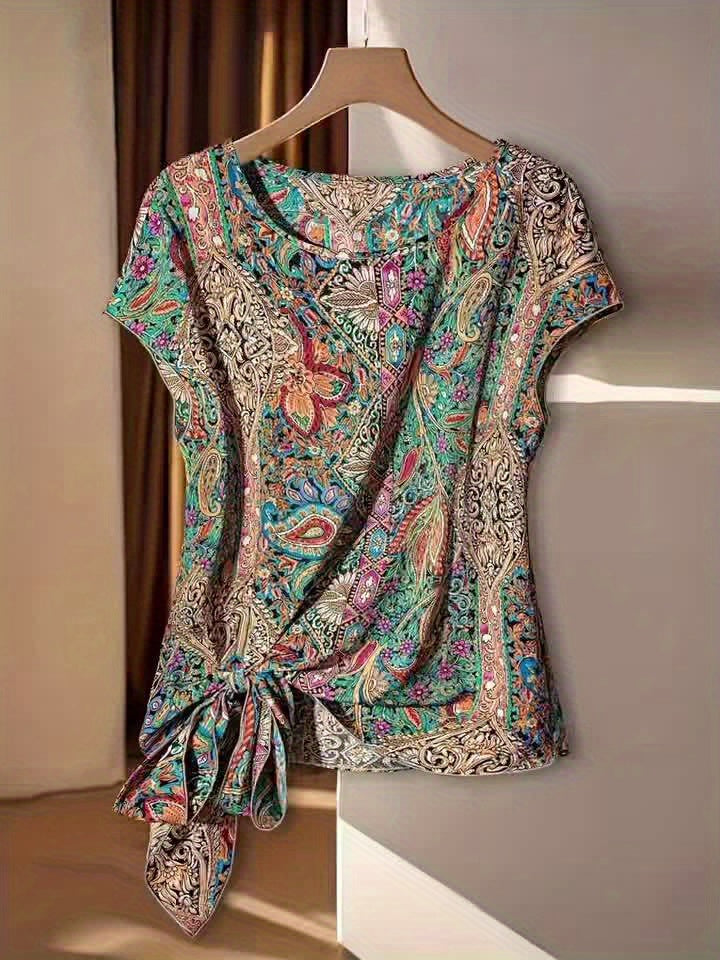 Women's Boho Blouse Shirt with Paisley Pattern and Knot Detail – Elegant Spring & Summer Top, Fashionable and Versatile