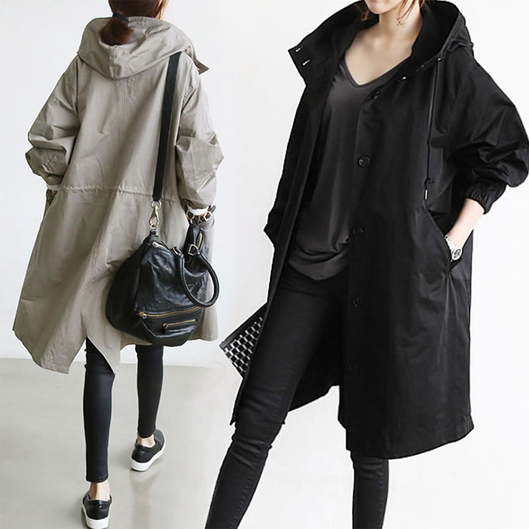 Women's Long Rain Jacket – Stylish Transitional Jacket with Hood, Fashionable Everyday Companion for Rainy Weather