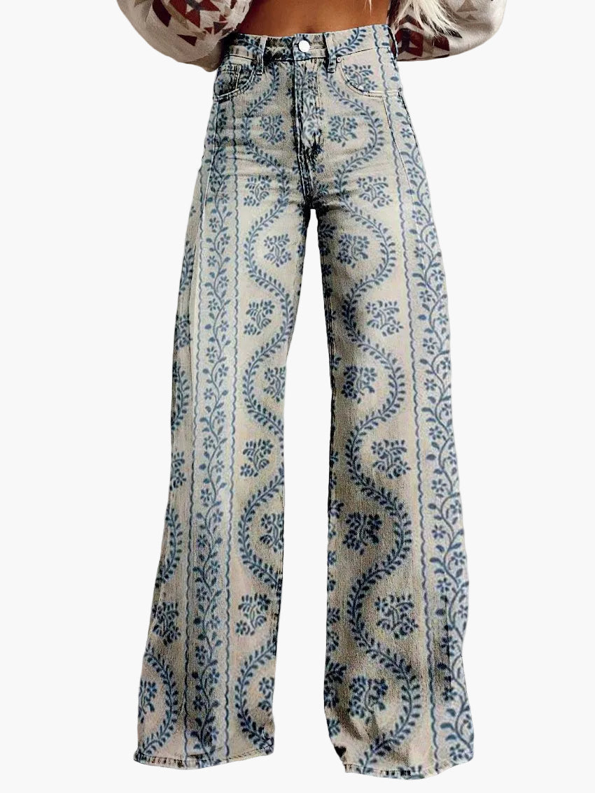 Women's Loose-Fitting Trousers Bohemian Old-Fashioned Style – Wide Pants with Flower Pattern for Leisure and Festival