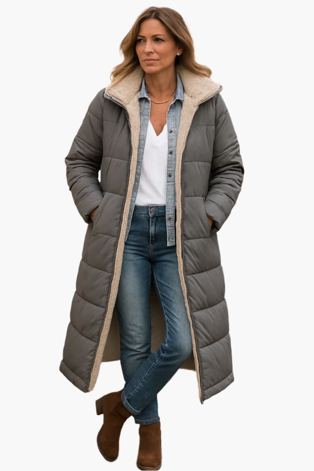 Women's winter quilted coat with teddy lining, long style, versatile & warm for cold days