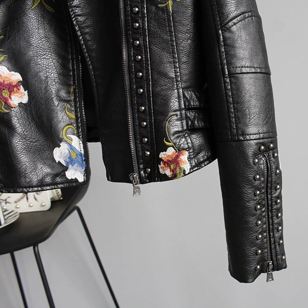Women's biker jacket with floral embroidery – fashionable transitional jacket for stylish outfits