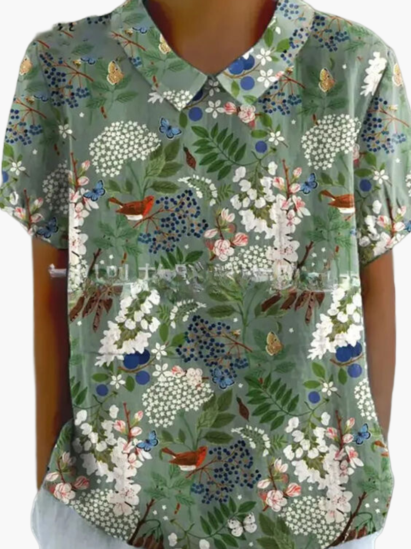 Women's blouse with embroidery and floral pattern – old-fashioned style, short-sleeved, elegant for everyday wear and office