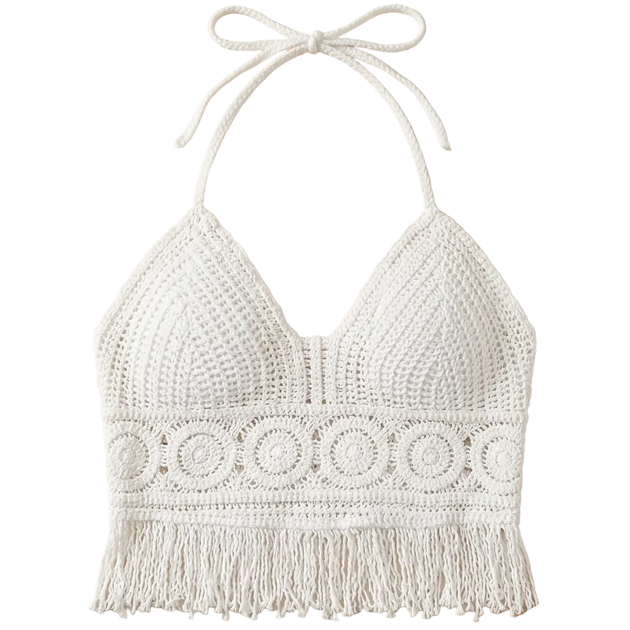 Women's Boho Crochet Halter Crop Top with Fringe – Trendy Summer Festival Top
