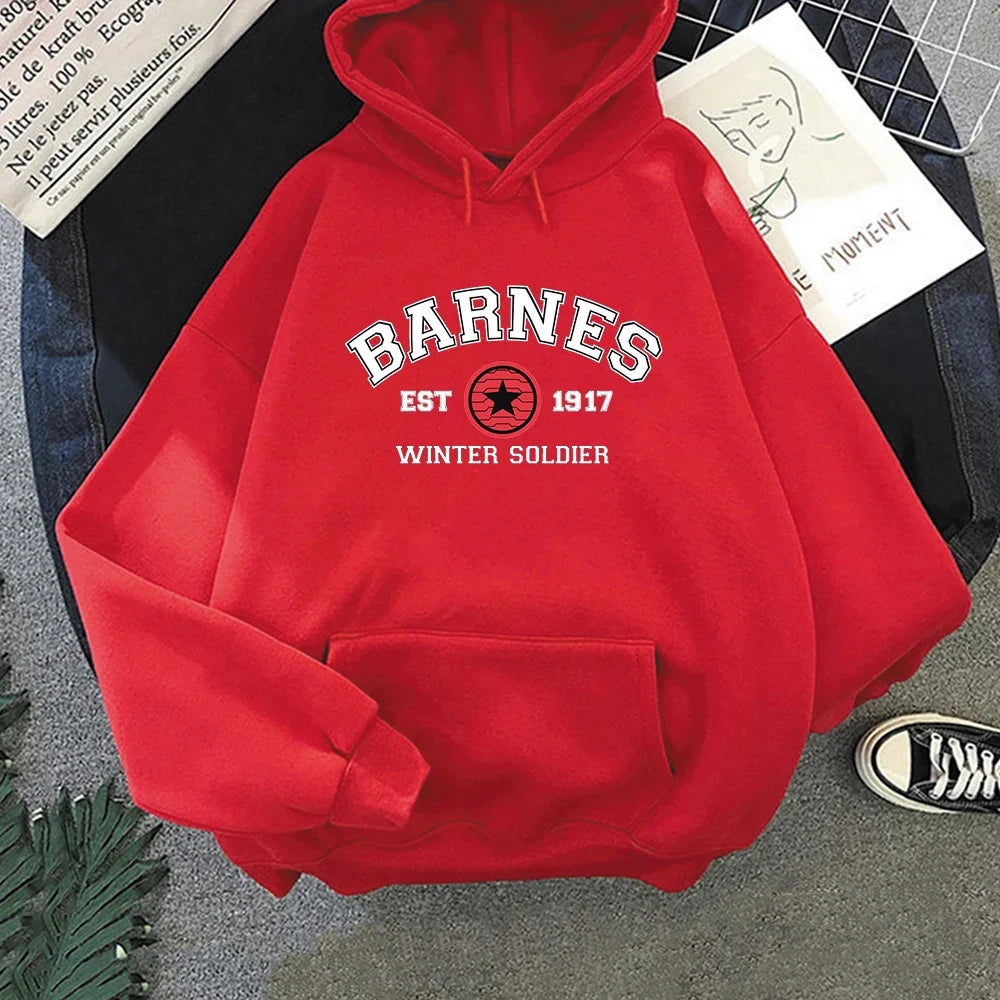 Unisex Hooded Pullover with "BARNES WINTER SOLDIER" Print, Kangaroo Pocket and Drawstring