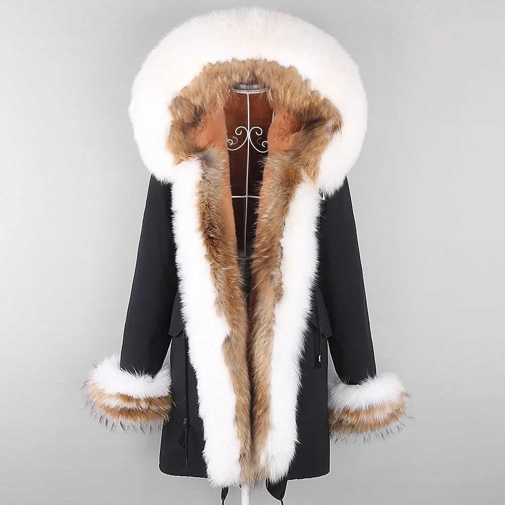 Winter parka with hood and black faux fur lining