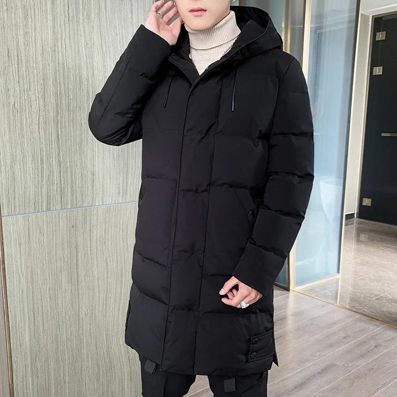 Men's long down coat, winter padded quilted coat with hood