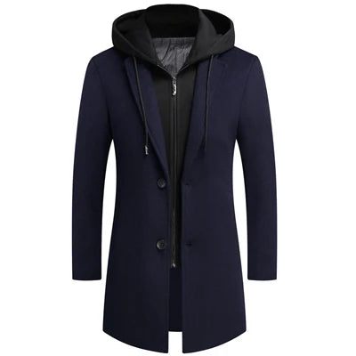 Men's coat with detachable hood, single-breasted, long-sleeved