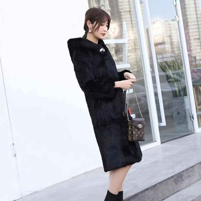 Women's hooded coat, black, with toggle closure, knee-length