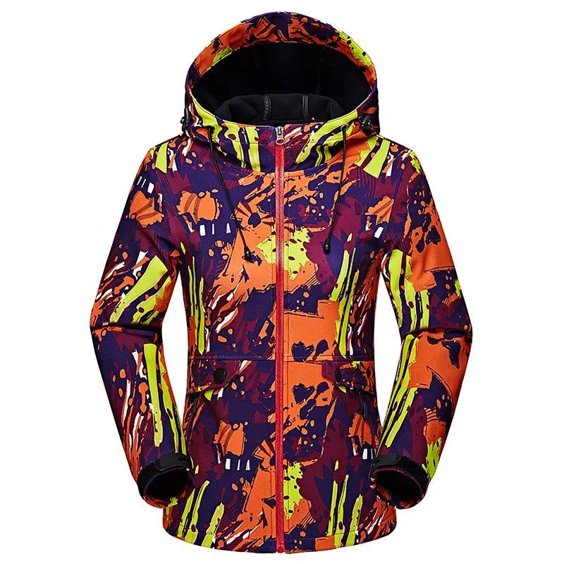 Damen Outdoor Jacke mit Kapuze Softshell Bunt Gemustert