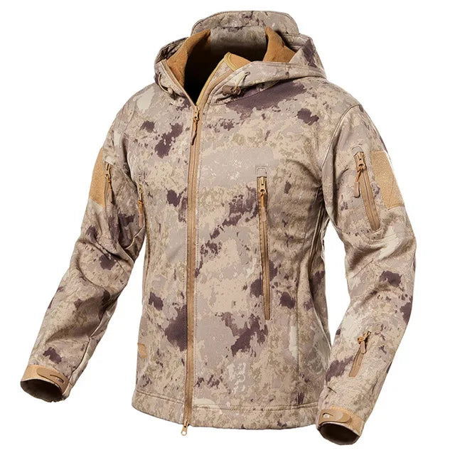 Unisex hooded softshell jacket, camouflage outdoor jacket with zippered pockets