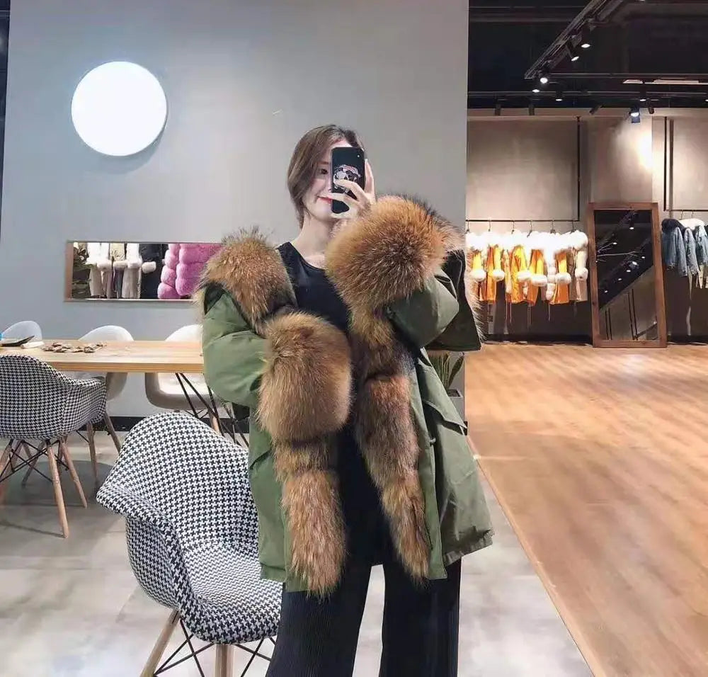 Damen Parka mit Kunstfellbesatz, Khaki, Langärmlig