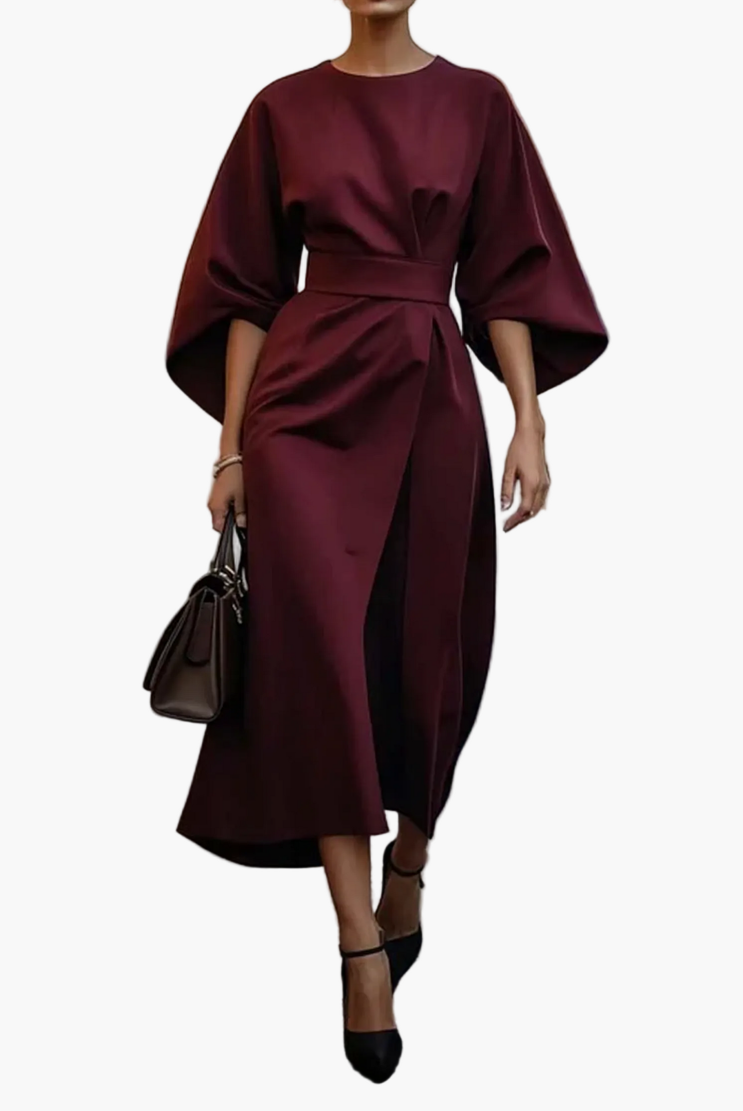 Damen Elegant Midi-Kleid mit weitem Gürtel und Laternenärmeln – Business & Anlassmode