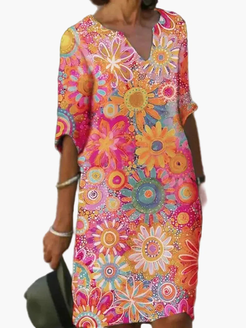 Damen Boho Sommerkleid mit Blumendruck und V-Ausschnitt – Freizeit & Alltag