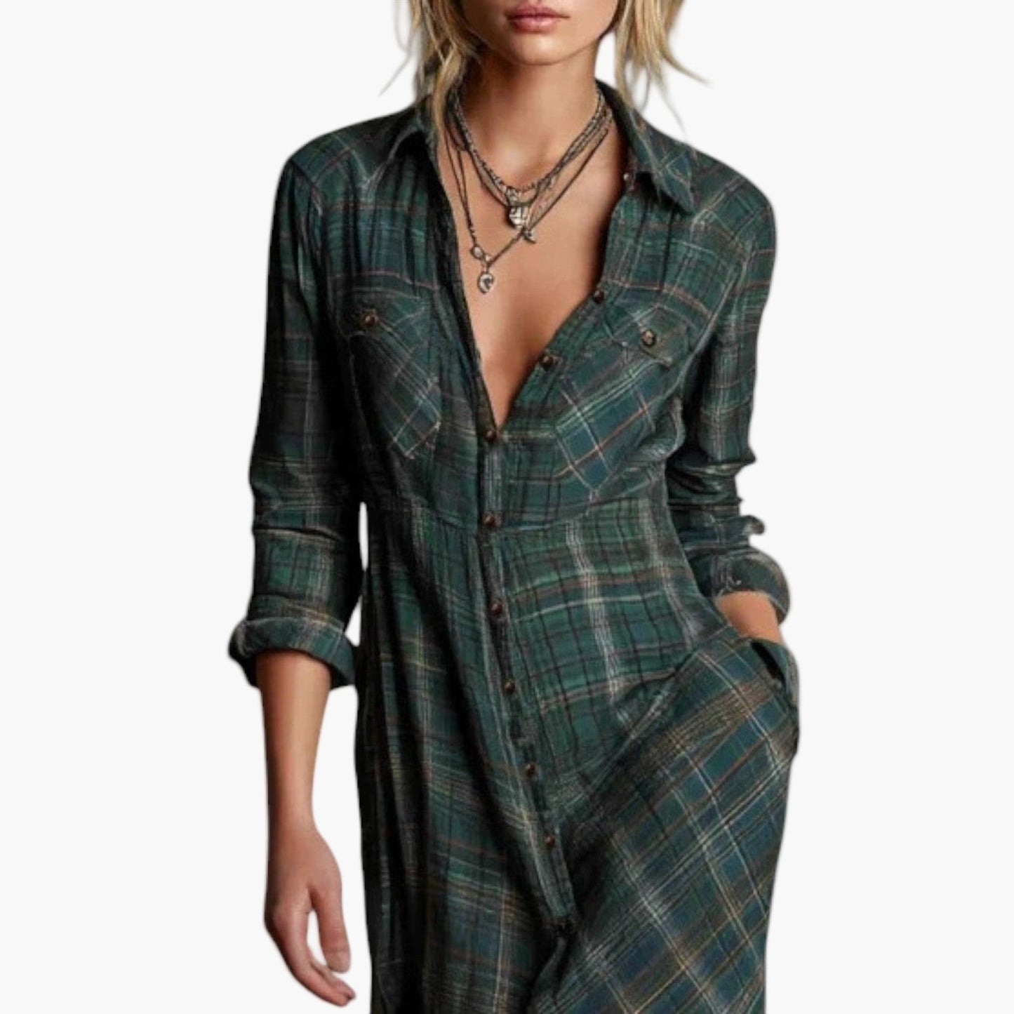Damen Maxi-Hemdblusenkleid im Karomuster – Lässiger, eleganter Alltagslook
