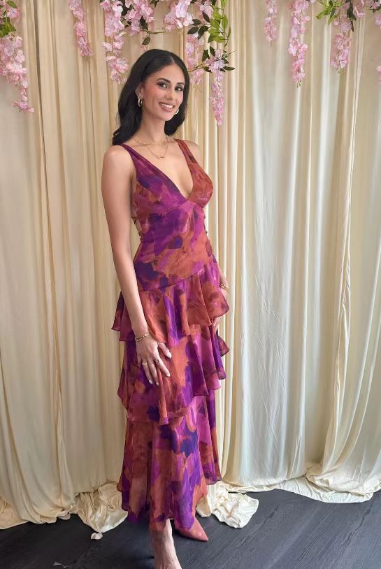 Damen Asymmetrisches Volant-Maxikleid für festliche Anlässe und Partys