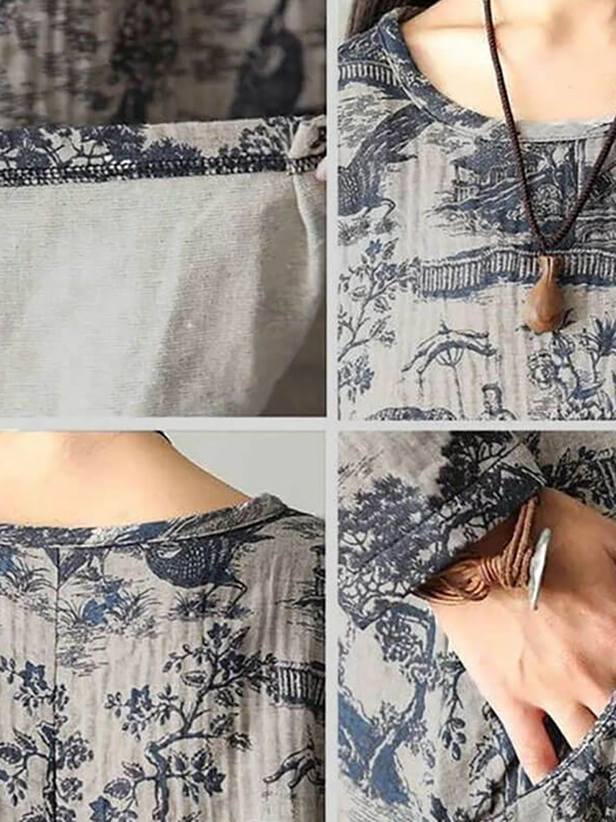 Damen Vintage Freizeitkleid mit Print – Lockeres Langarm Winterkleid für Alltag & Plus Size