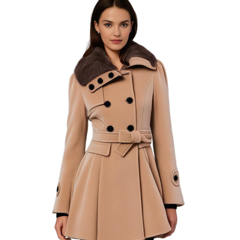 Women's winter coat with faux fur collar – Elegant tailored trench coat for stylish appearances