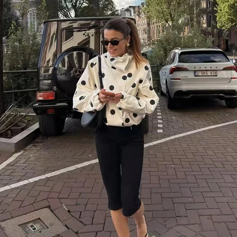 Women's white polka dot bomber jacket with stand collar