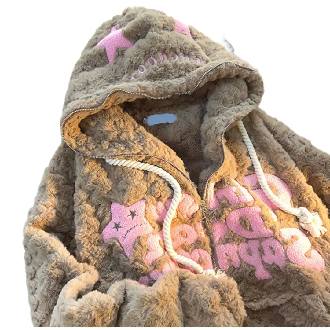 Unisex Teddyfell Jacke mit Kapuze und Stern-Applikationen Reißverschluss Oversize-Passform