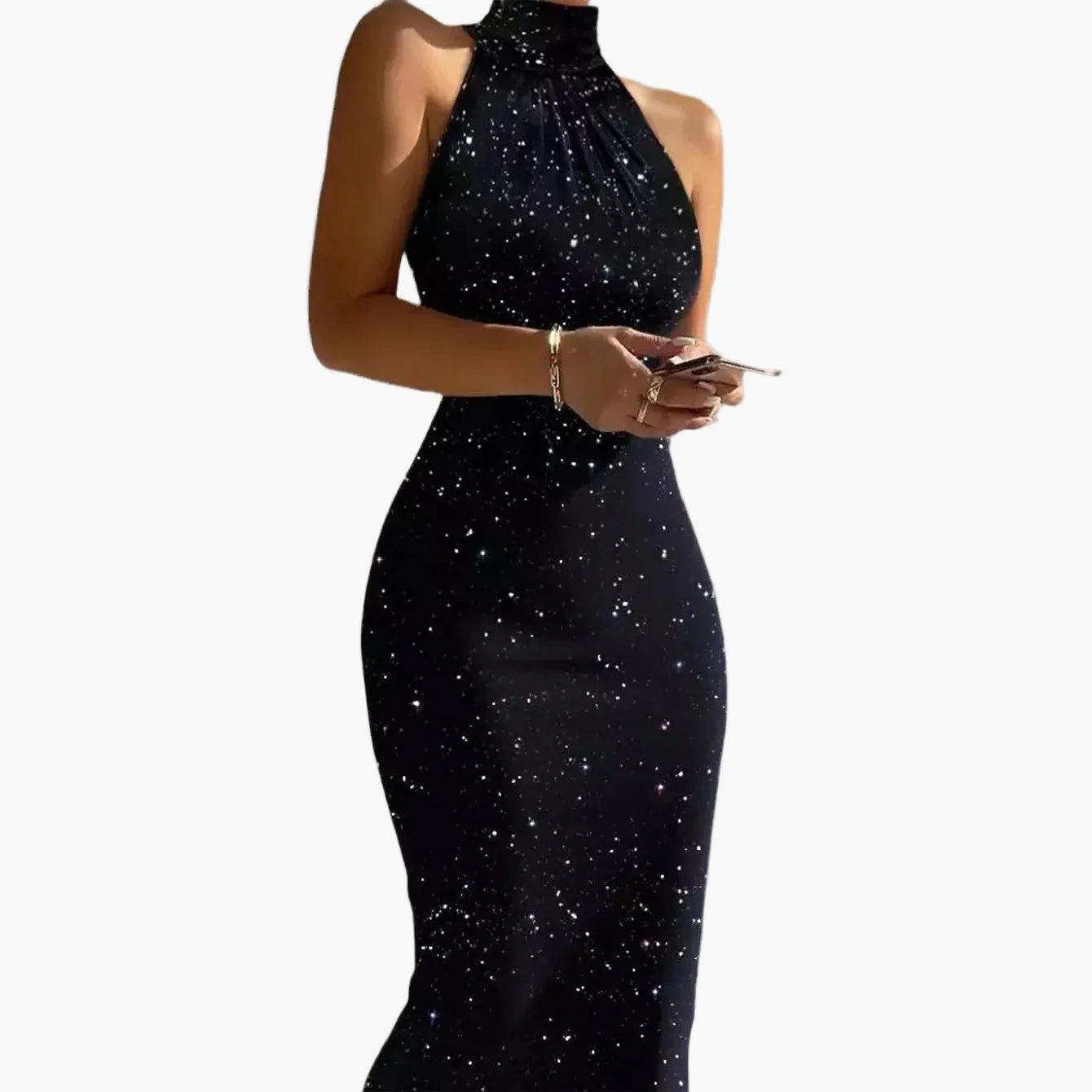 Women's bodycon evening dress with stand-up collar and galaxy print – elegant for parties and special occasions