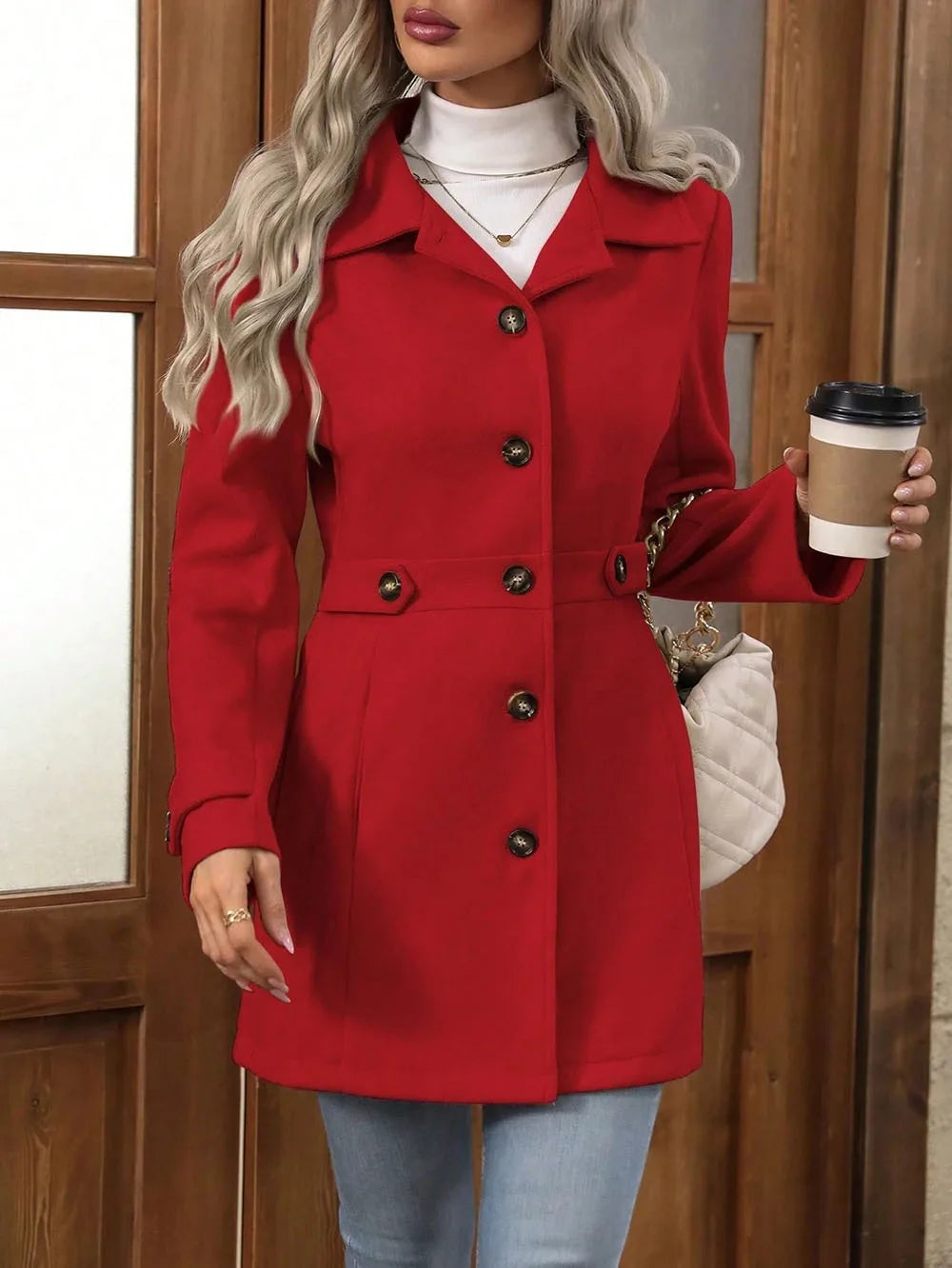 Women's Short Coat with Notched Collar and Button Placket, Gray