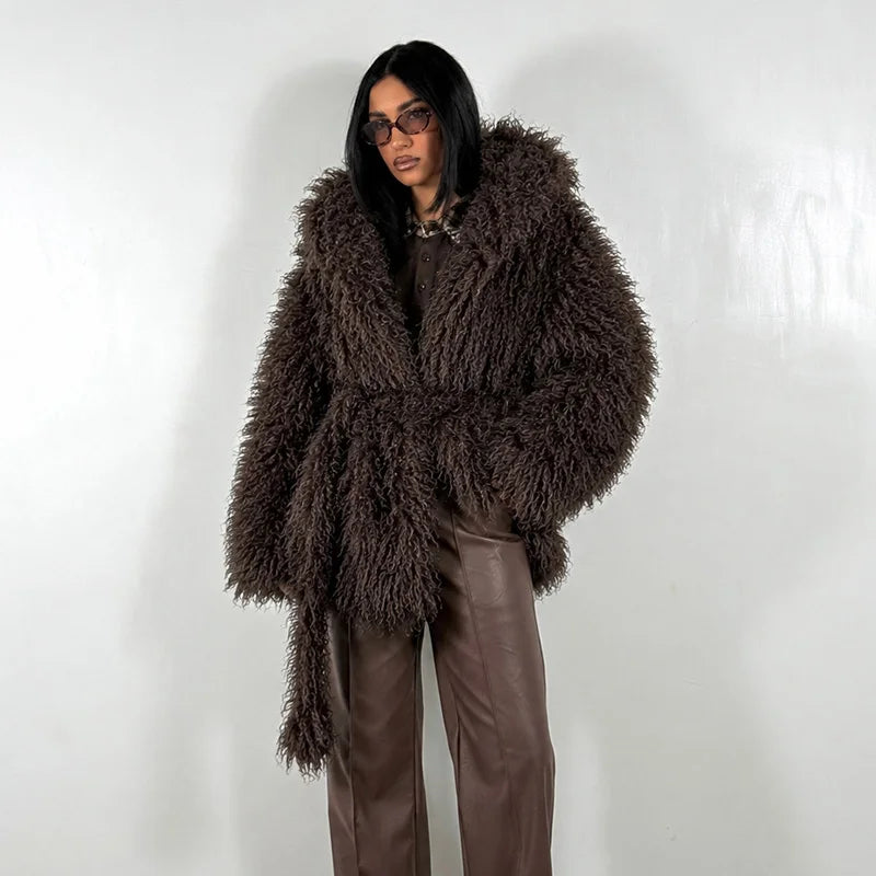 Damen Kapuzenjacke Flauschig mit Bindegürtel Shaggy-Optik