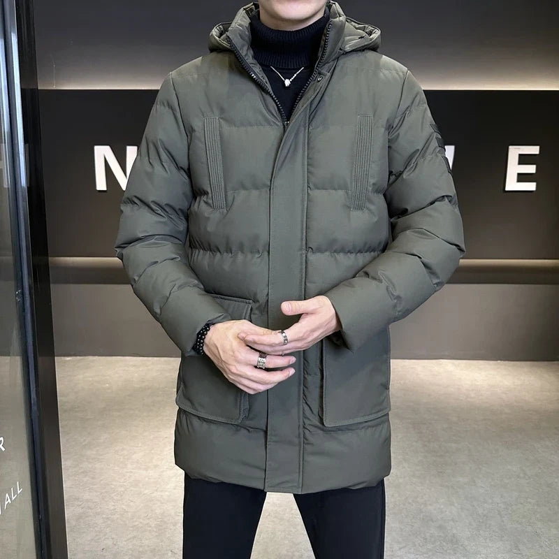 Herren Steppjacke lang mit Kapuze Winter Warm gefüttert - Schwarz, Blau, Oliv