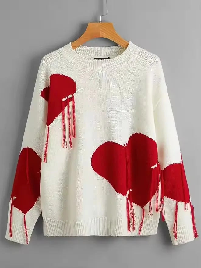 Women's sweater with heart appliqués and fringe, white and red