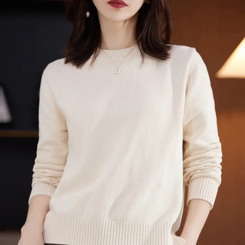 Damen Strickpullover Rundhals Langarm Rippbündchen