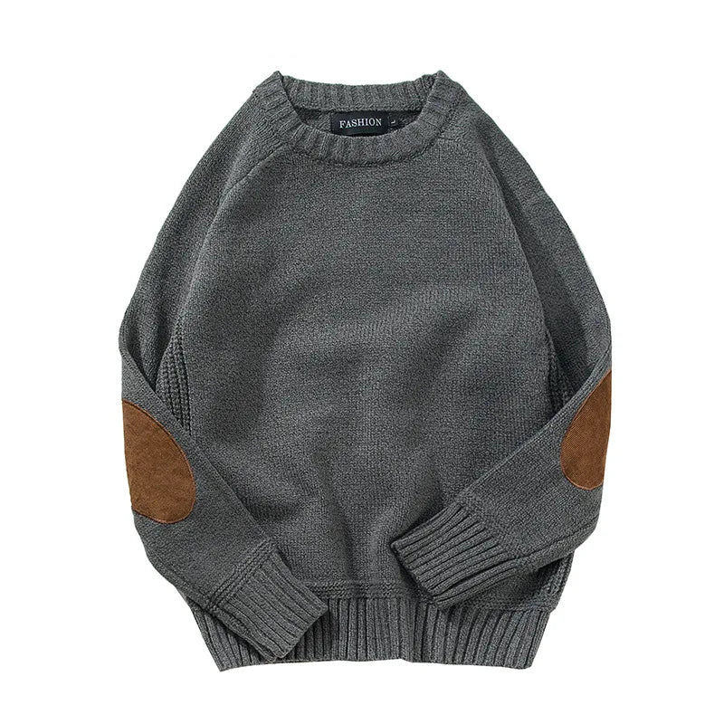 Herren Strickpullover Rundhals mit Ellbogen-Patches in Grau
