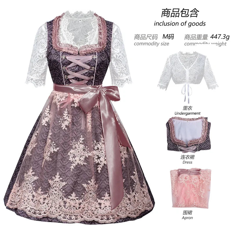 Dirndl Damen Grau-Rosa Spitze Trachtenkleid 3-teilig