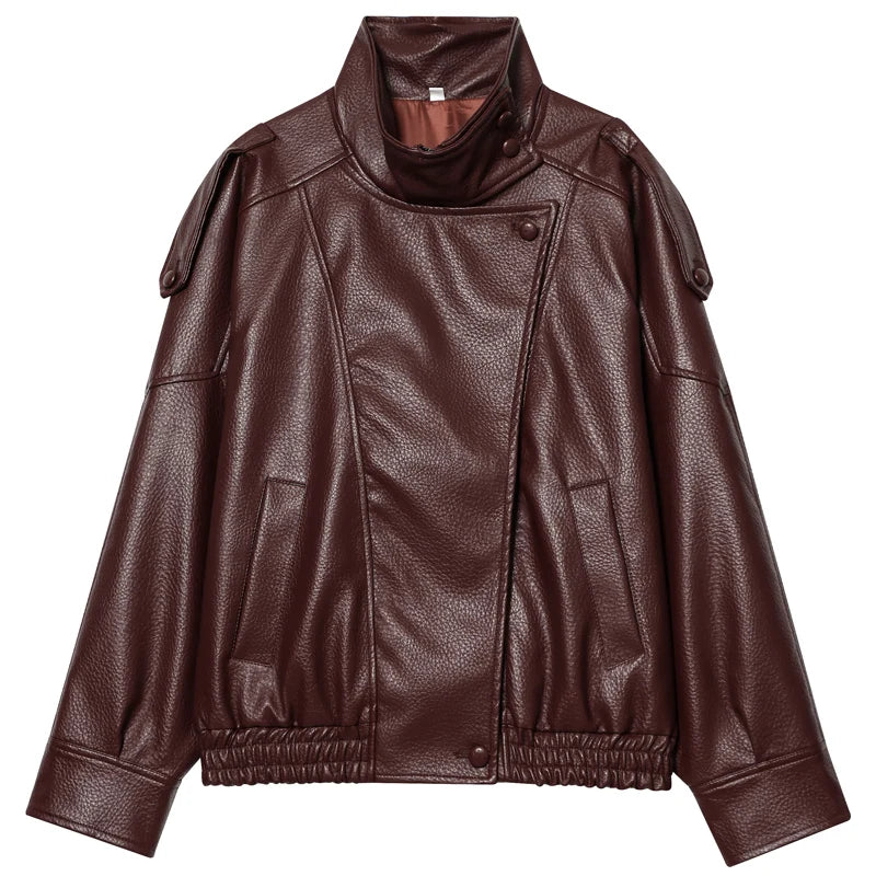 Women's faux leather bomber jacket with stand collar and asymmetrical closure