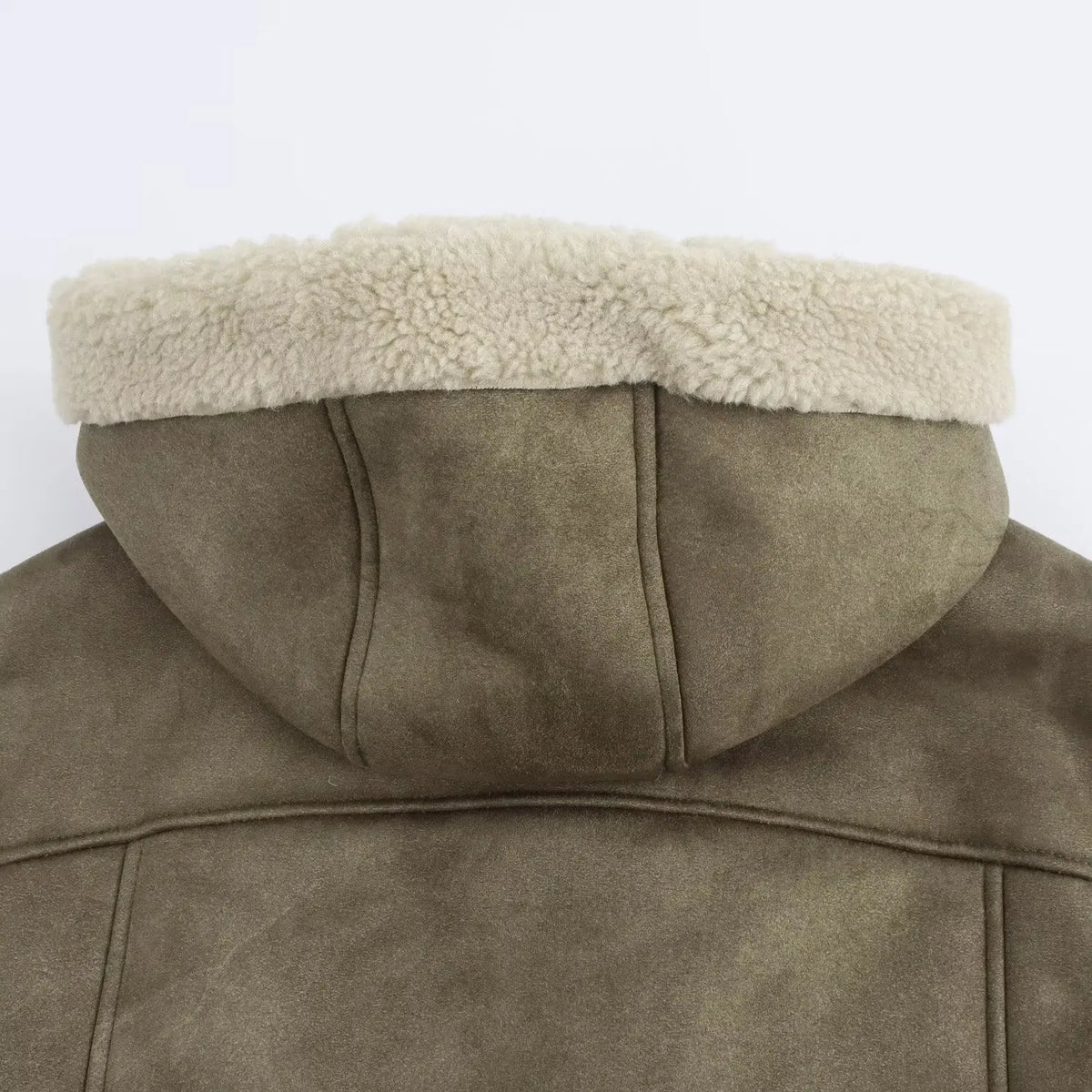 Gefütterte Jacke mit Kapuze, Grün, Veloursleder-Optik