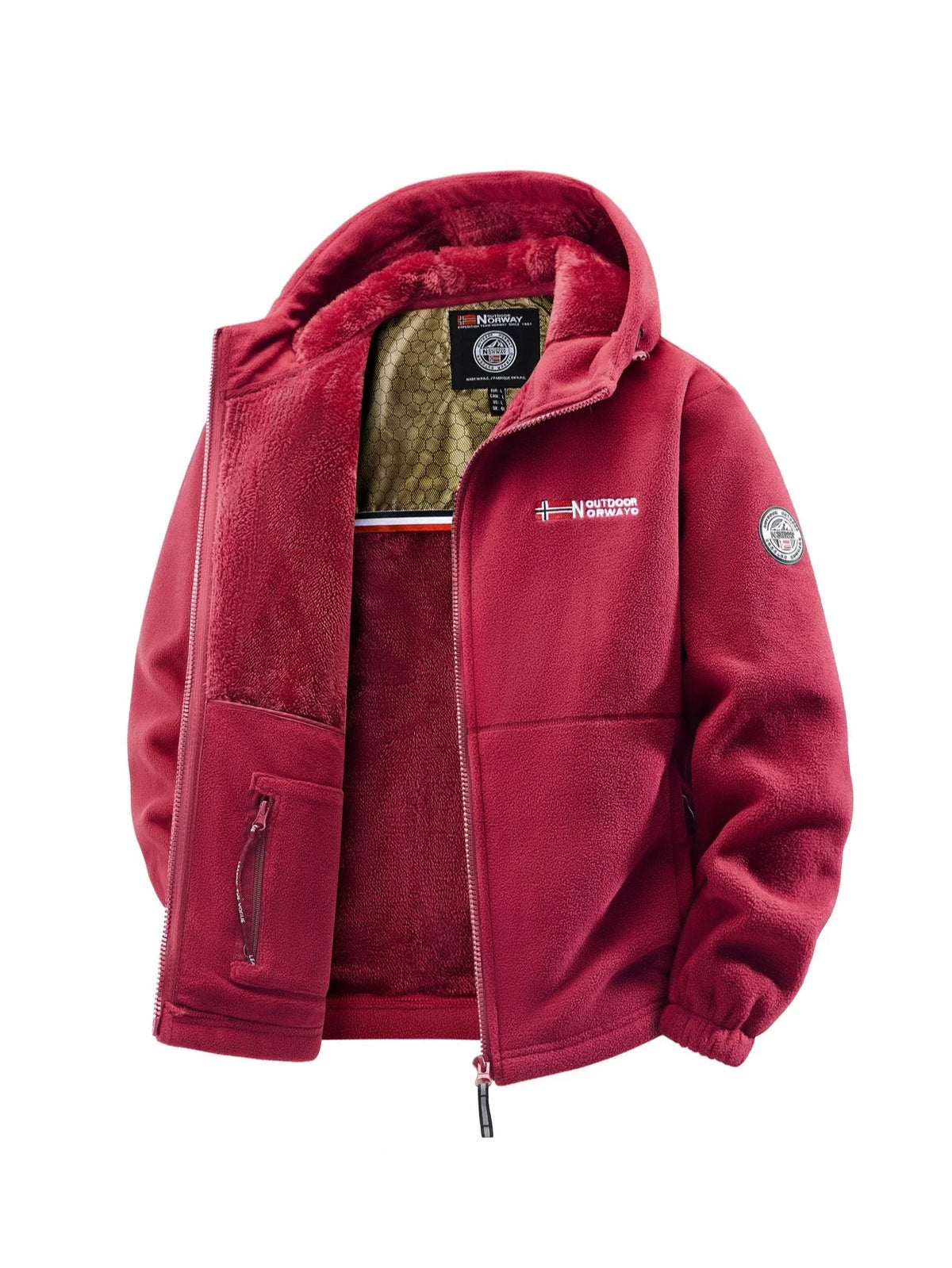 Men's fleece jacket with hood and zipper, lined, in various colors