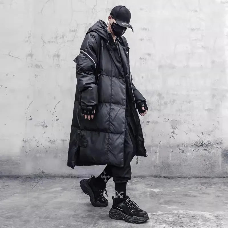 Unisex Langer Steppmantel Schwarz mit Kapuze
