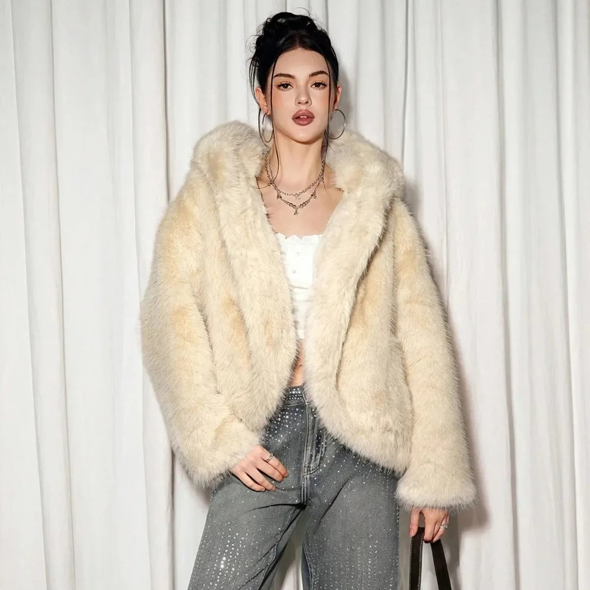 Women's cream-white faux fur jacket plush faux fur jacket winter