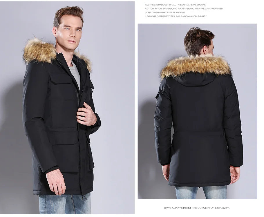 Herren Winterparka Schwarz mit Kapuze und Fellimitatbesatz