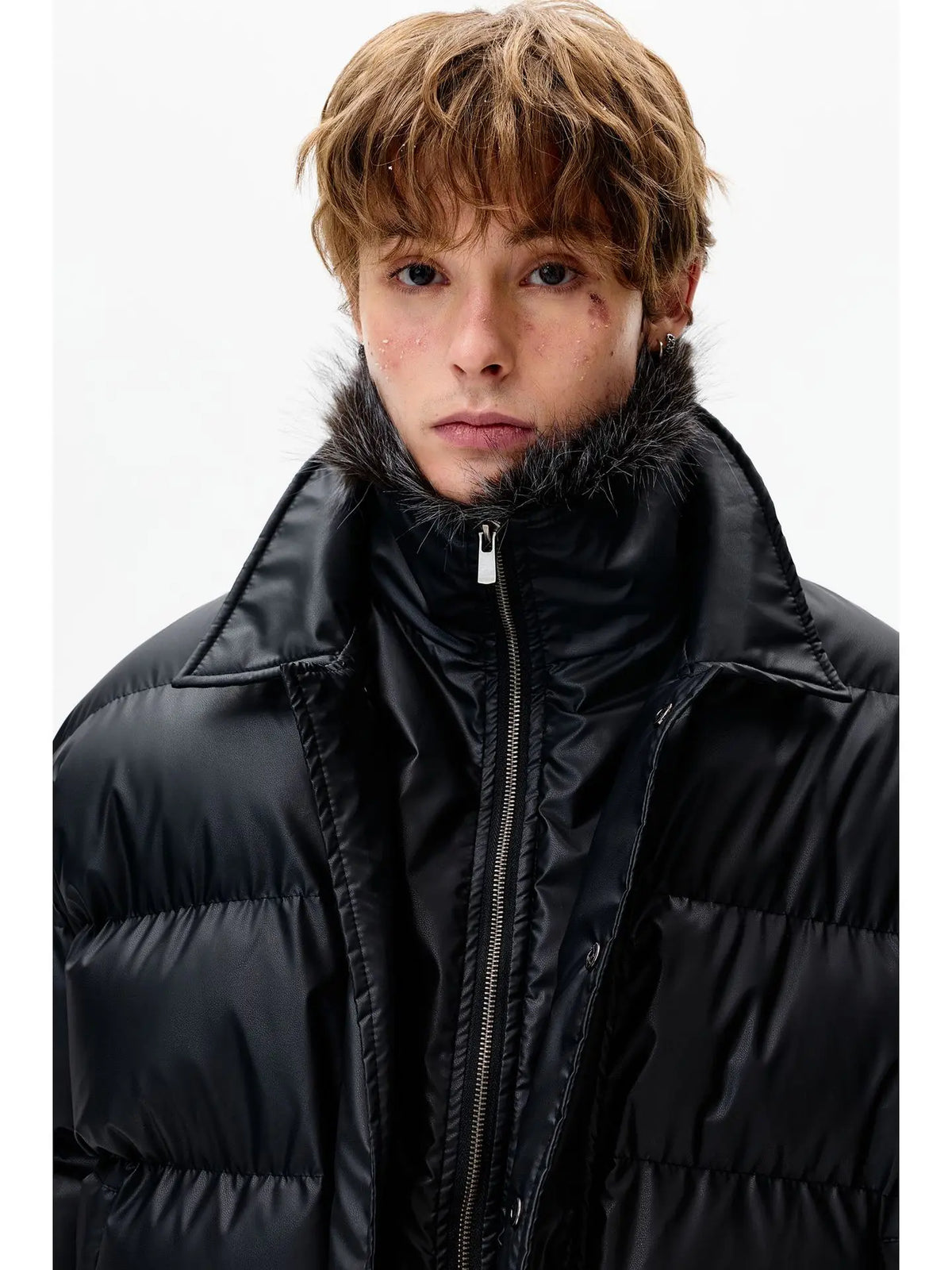 Men's black quilted jacket with faux fur collar, bomber jacket style