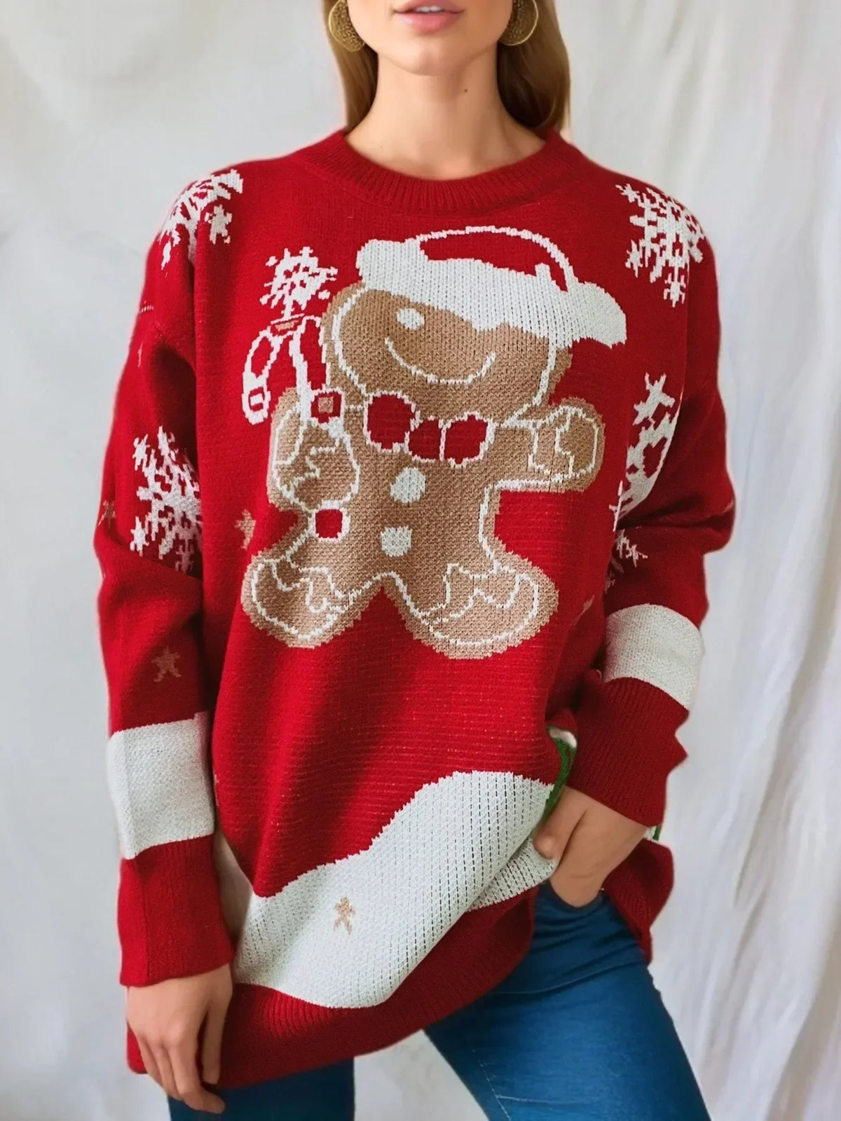 Christmas sweater with gingerbread man motif & snowflakes, red