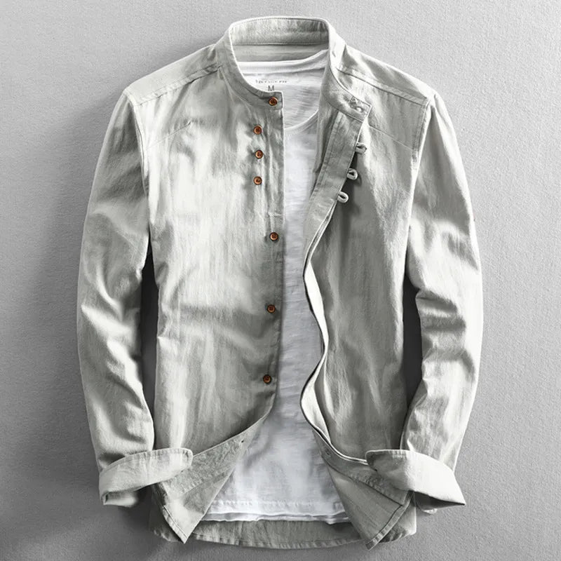 Men's Stand Collar Casual Shirt Vintage Style – Modern Long Sleeve Shirt for Everyday and Business
