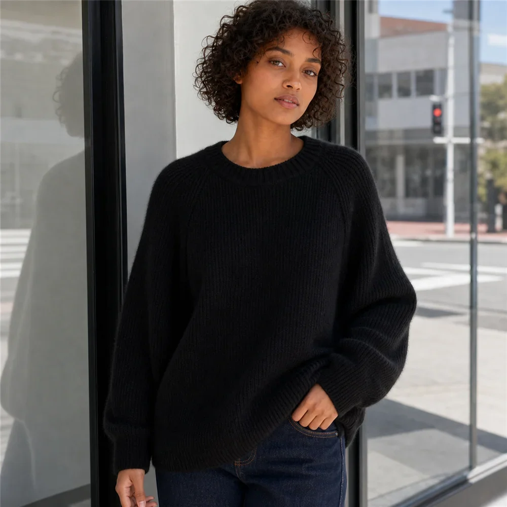 Women's Oversized Crewneck Knit Sweater with Raglan Sleeves