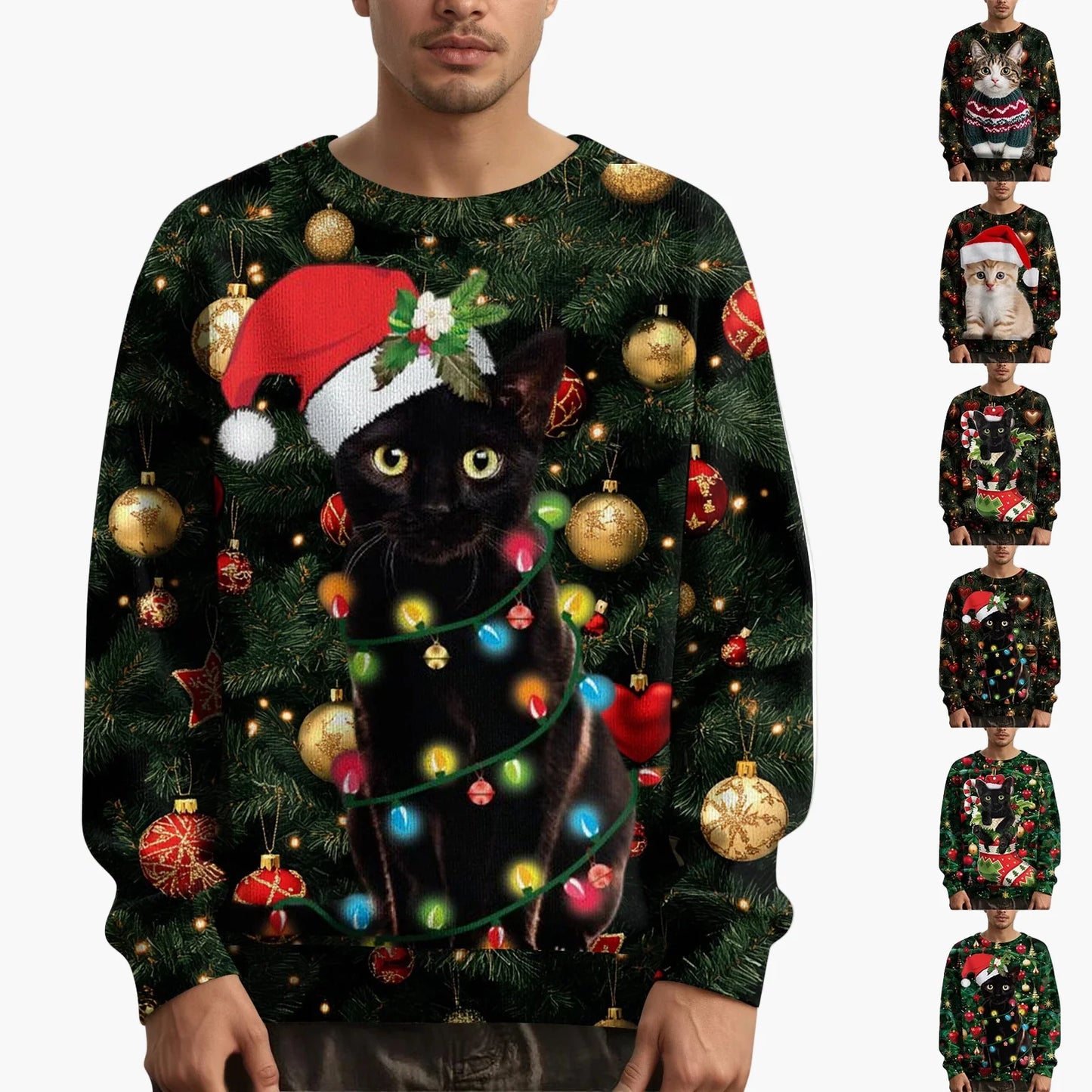 Men's Christmas Sweatshirt with Cat Motif and Festive Print – Funny Sweater for the Holidays