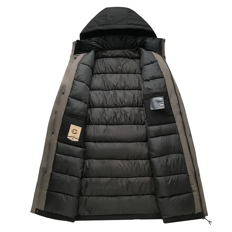 Long men's winter parka coat - Red with hood