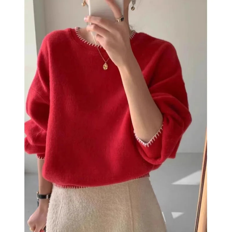 Damen Strickpullover mit farbigem Zierrand – Rundhals Langarm