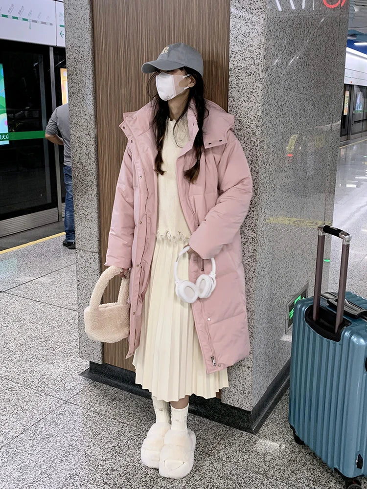 Women's long quilted coat with hood, solid colors