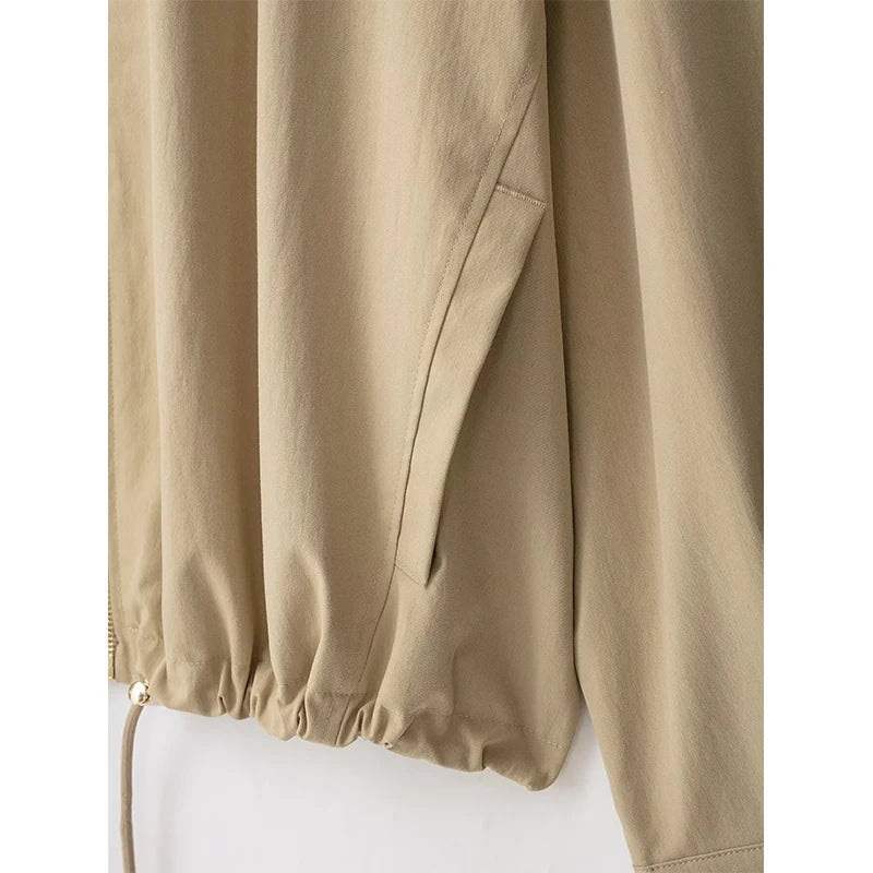 Kurze Damen Jacke mit Kapuze – Beige, Reißverschluss und Kordelzug