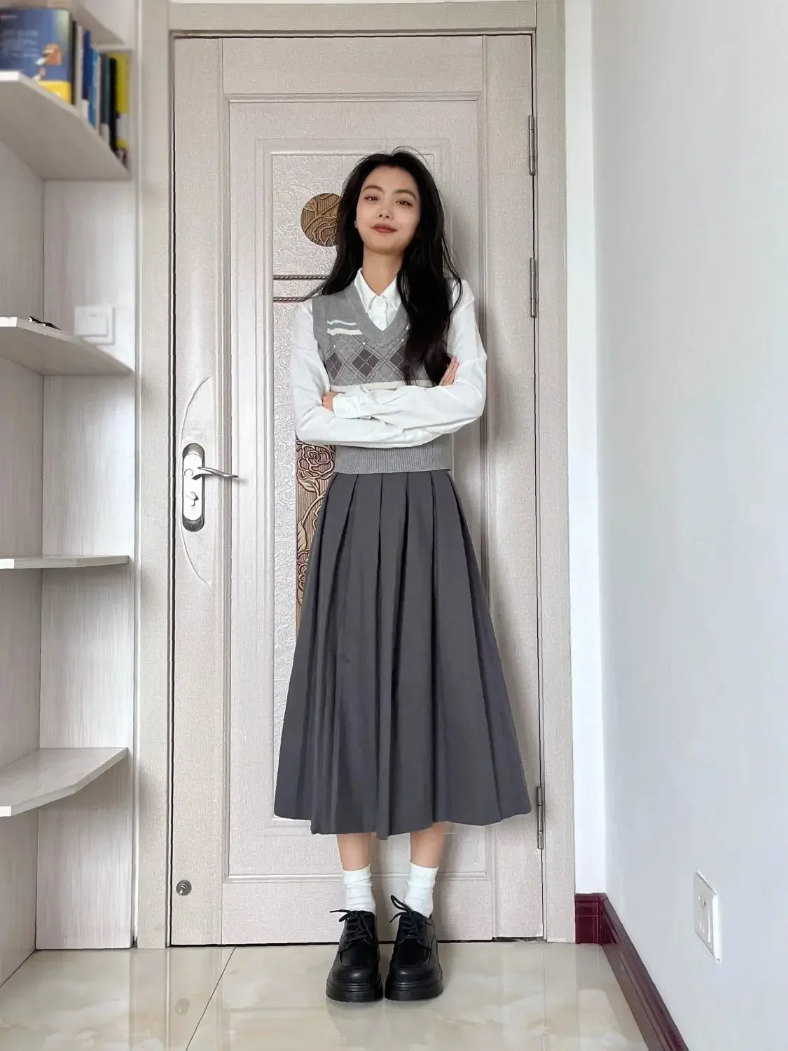 Women's gray midi pleated skirt with argyle knitted vest and shirt set