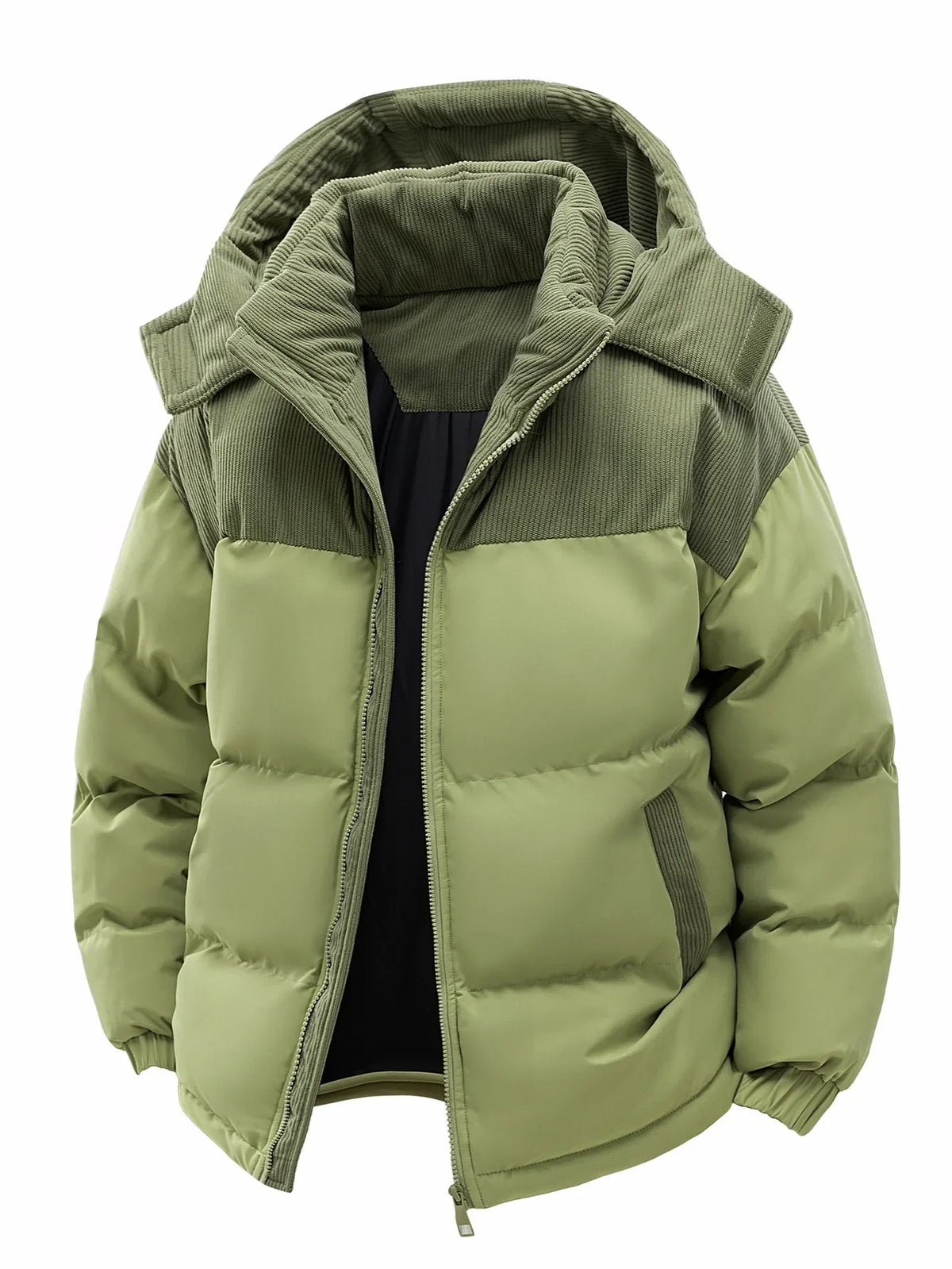 Unisex Winter Steppjacke mit Kapuze, gepolstert, Kord-Details